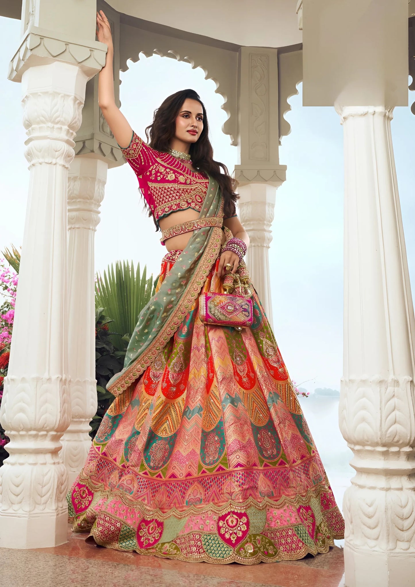 EKKTARA Semi Stitched Designer Pink Multicolour Colour Lehenga Choli Set