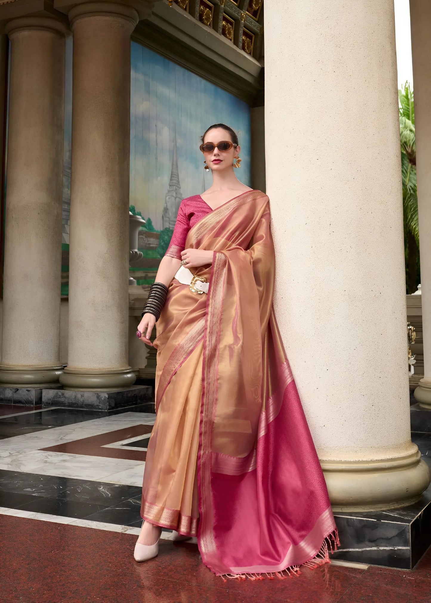 EKKTARA Saree For Women Copper Brown Colour Pure Tissue Saree With Designer Pallu And Unstitched Blouse