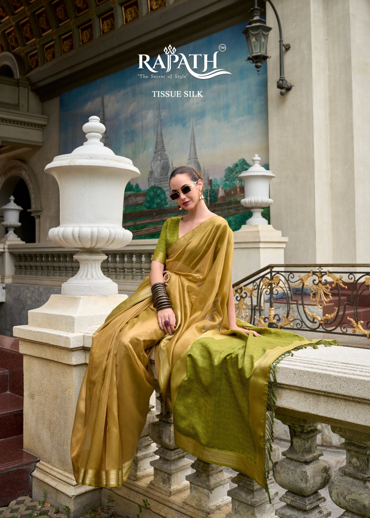 EKKTARA Saree For Women Golden Green Colour Pure Tissue Saree With Designer Pallu And Unstitched Blouse