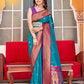 EKKTARA Saree For Women Turquoise Colour Soft Peshwai Paithani Silk Handloom Weaving Saree With Unstitched Blouse