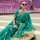 EKKTARA Saree For Women Turquoise Colour Pure Satin Handwoven Zari Weaving Saree With Unstitched Blouse