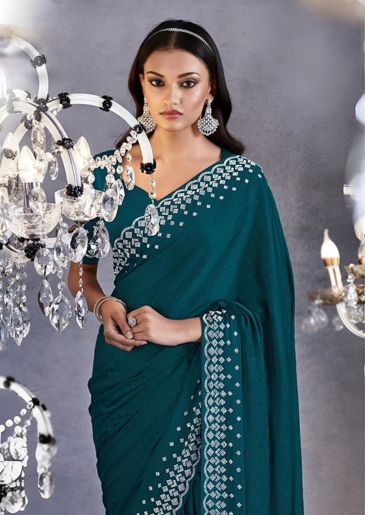 EKKTARA Saree For Women Forest Green Colour Partywear Satin Silk Zarkan Work Saree With Unstitched Blouse