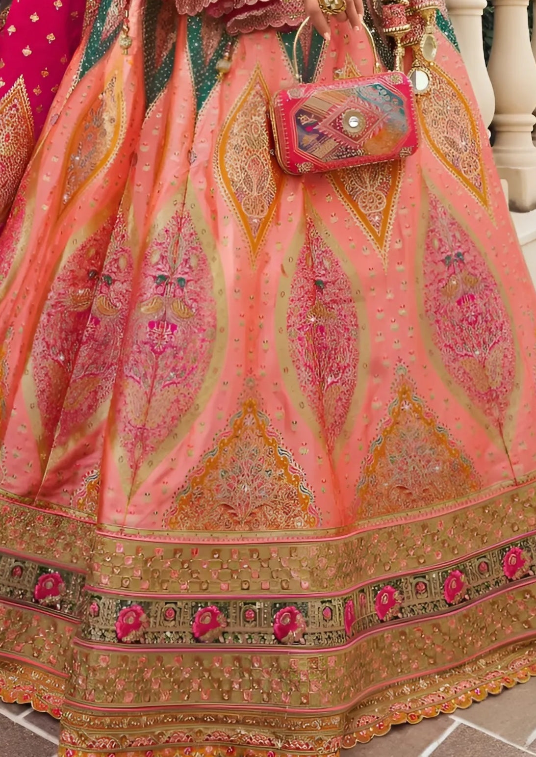 EKKTARA Semi Stitched Designer Peach Multicolour Colour Lehenga Choli Set