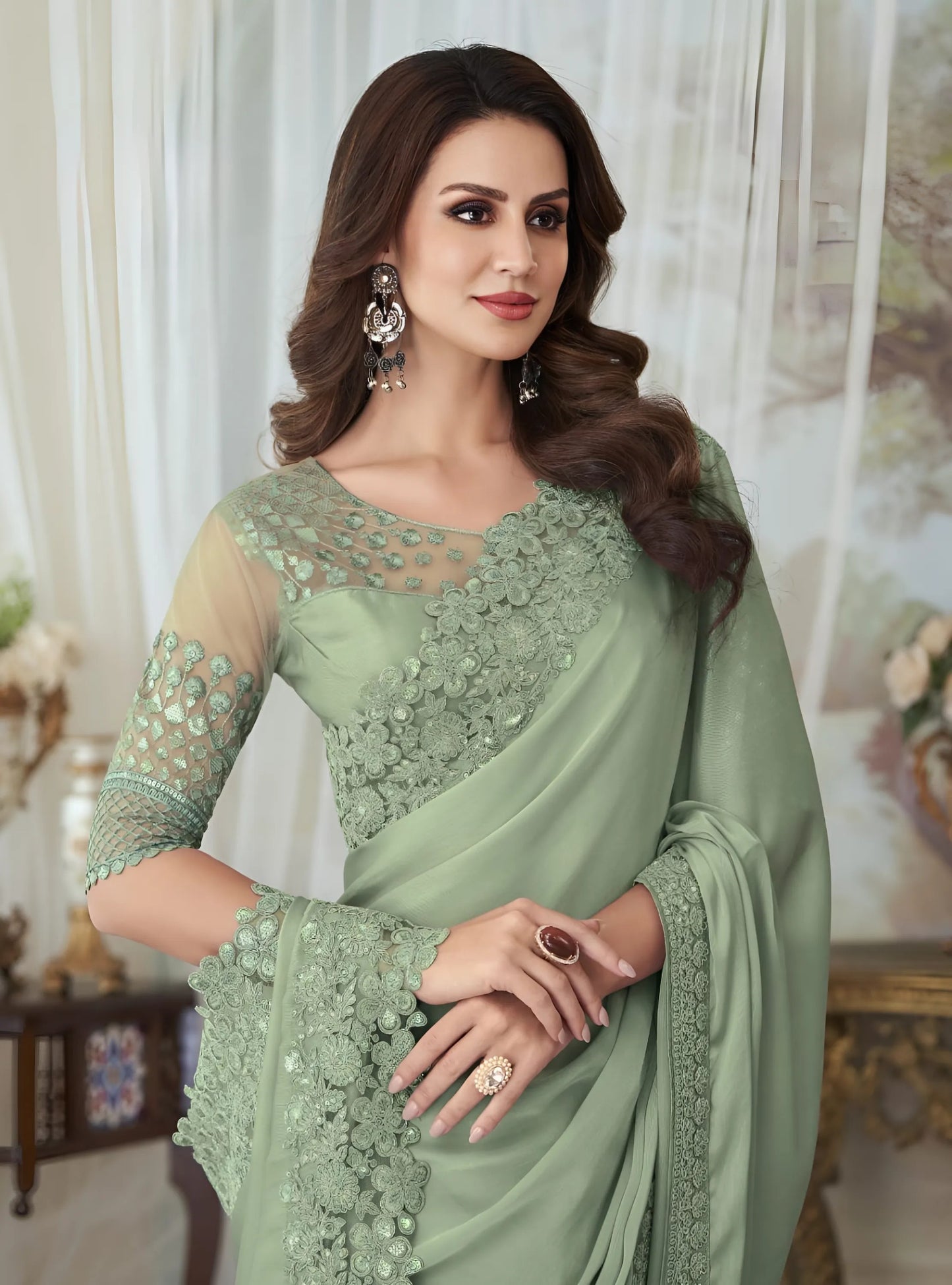 EKKTARA Saree For Women Pista Green Colour Designer Party Wear Saree With Unstitched Blouse