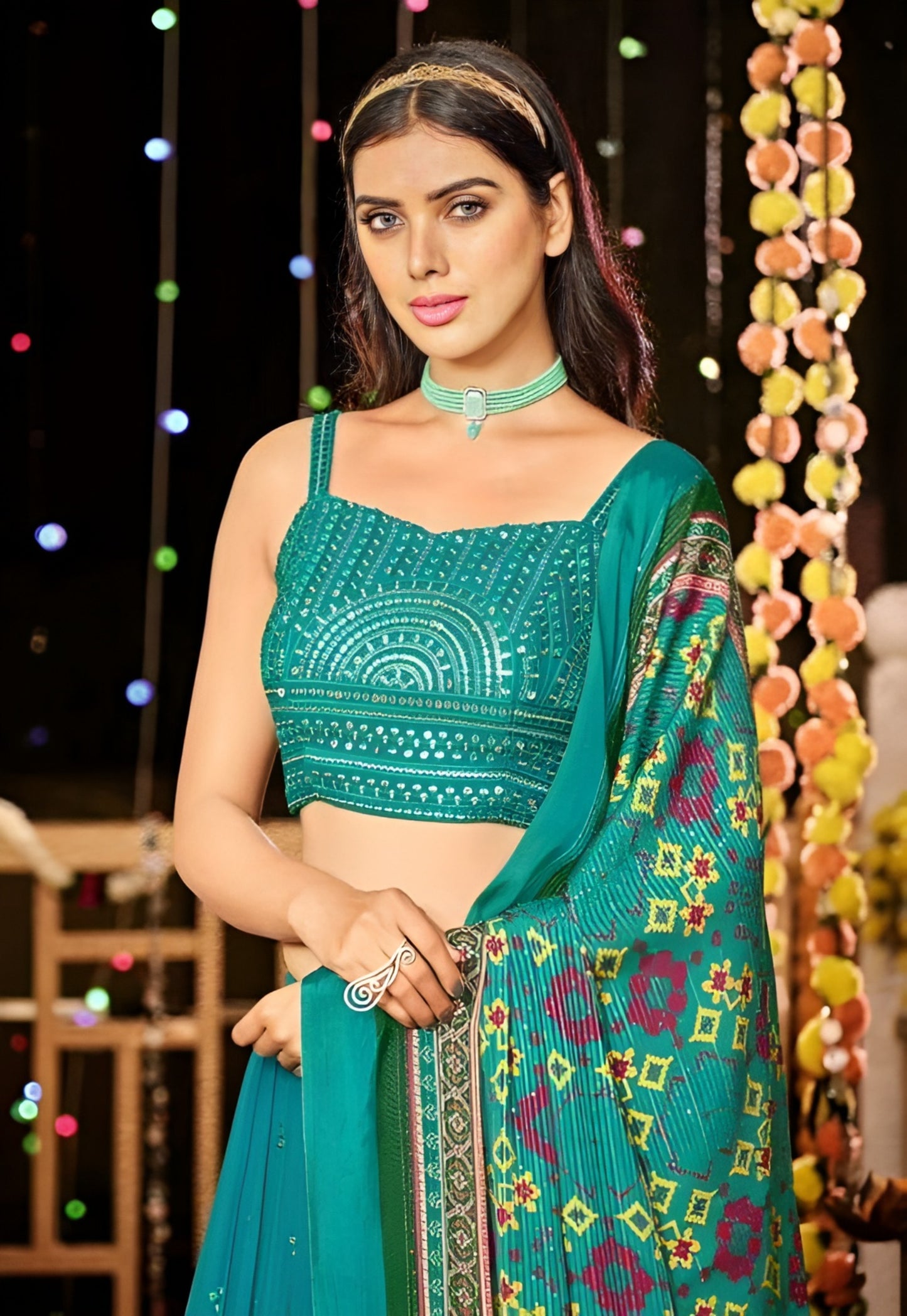 EKKTARA Semi Stitched Designer Turquoise Colour Sequins Work Lehenga Choli Set