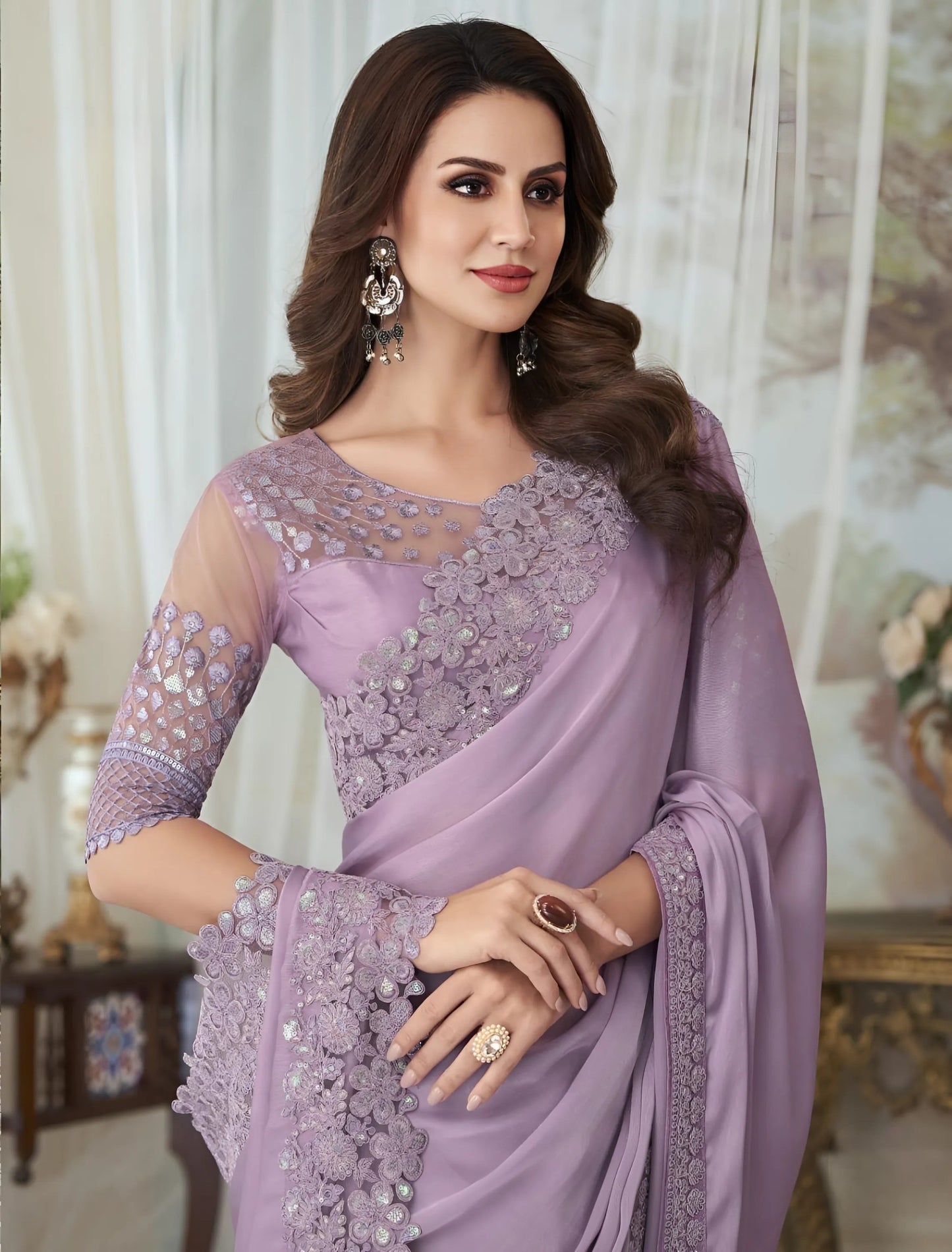 EKKTARA Saree For Women Lavender Colour Designer Party Wear Saree With Unstitched Blouse