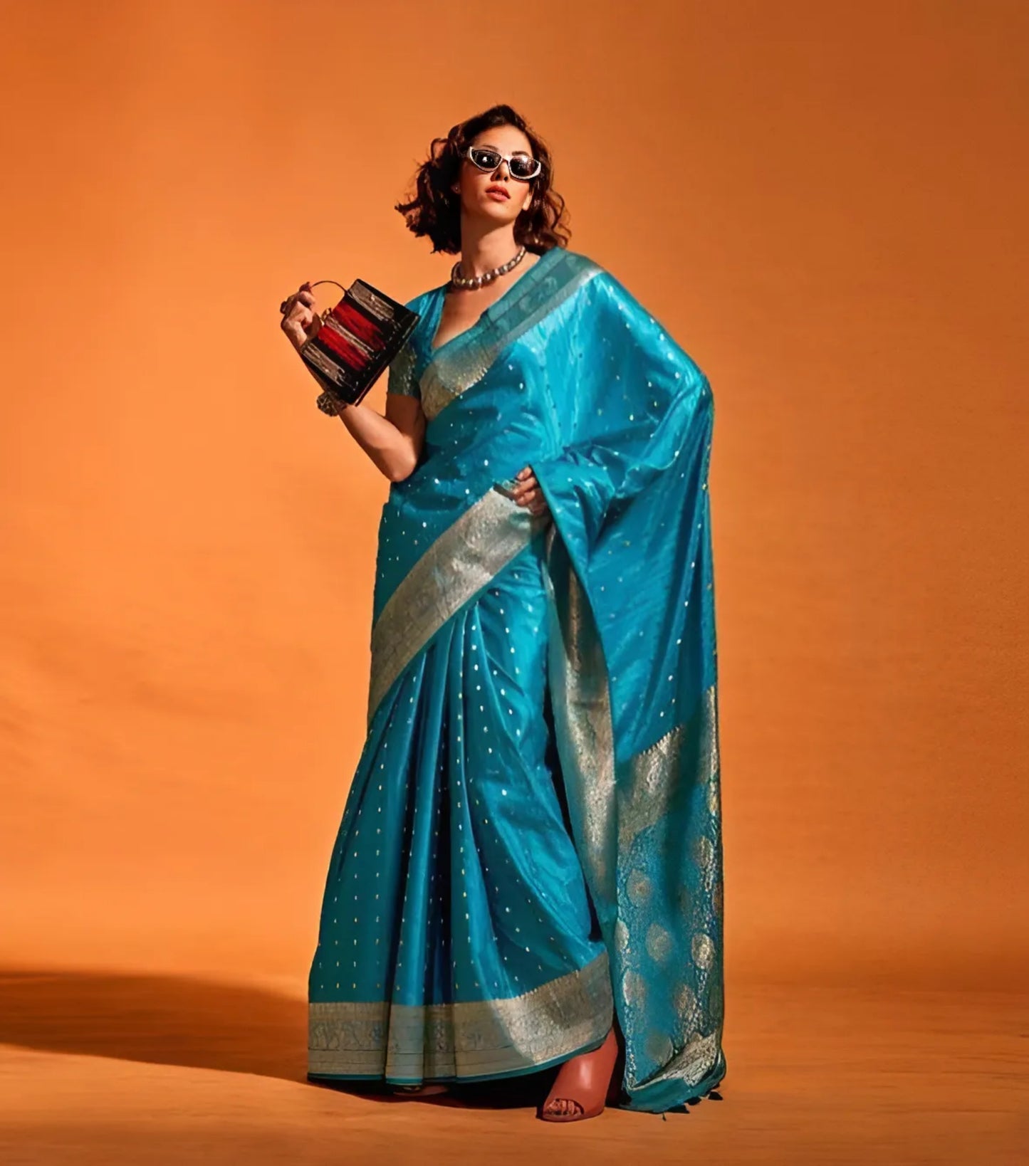 EKKTARA Saree For Women Stone Blue Colour Handloom Weaving Silk Saree With Unstitched Blouse