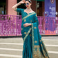 EKKTARA Saree For Women Blue Green Colour Pure Satin Handwoven Zari Weaving Saree With Unstitched Blouse