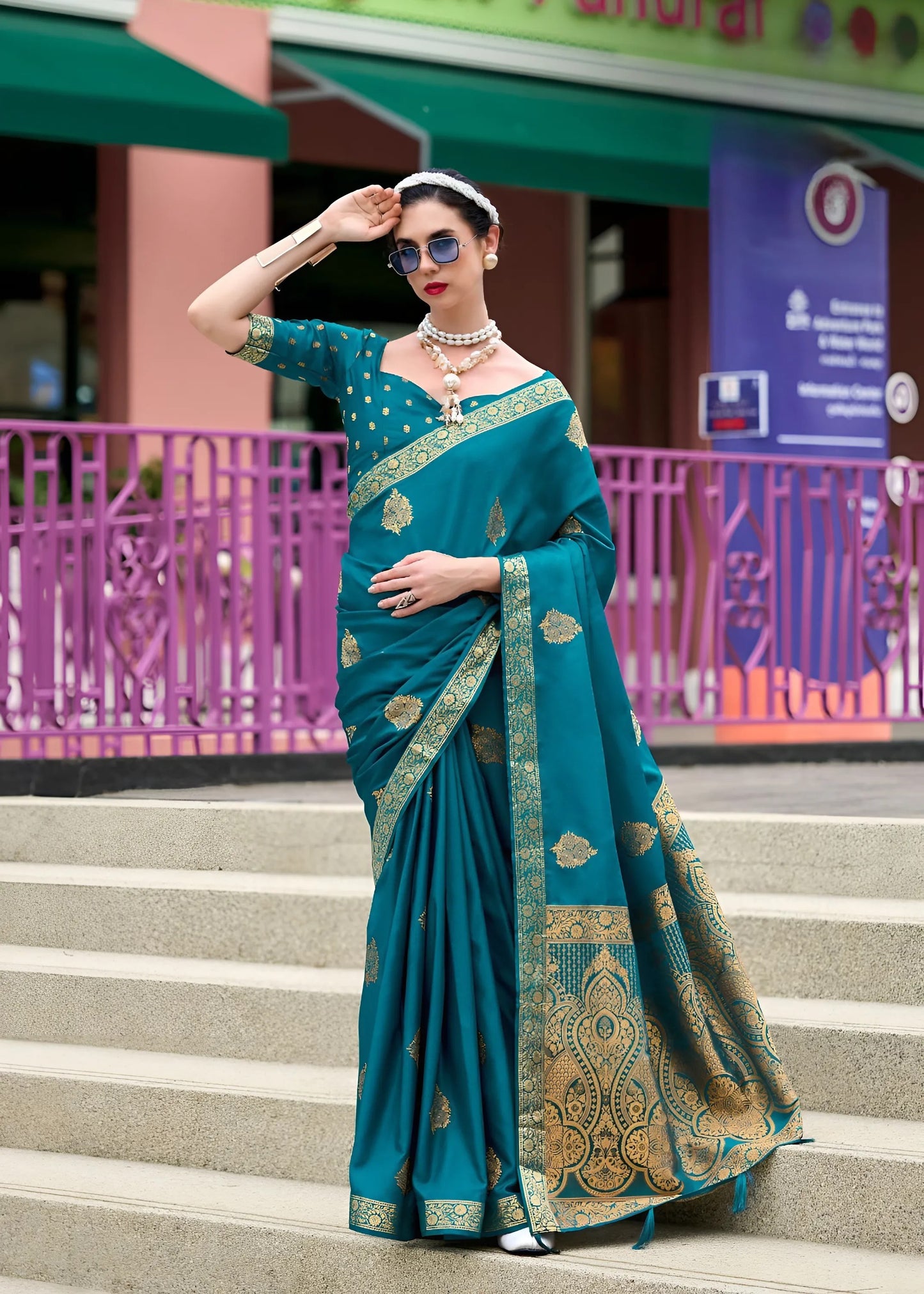 EKKTARA Saree For Women Blue Green Colour Pure Satin Handwoven Zari Weaving Saree With Unstitched Blouse