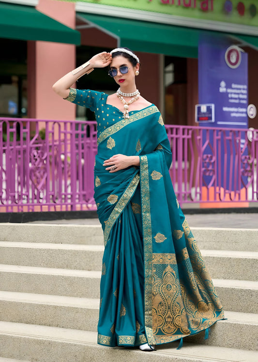 EKKTARA Saree For Women Blue Green Colour Pure Satin Handwoven Zari Weaving Saree With Unstitched Blouse