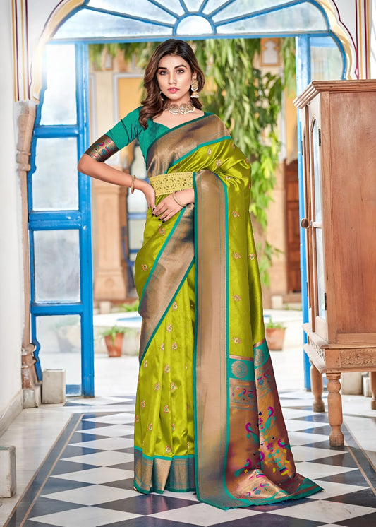 EKKTARA Saree For Women Lemon Green Colour Soft Peshwai Paithani Silk Handloom Weaving Saree With Unstitched Blouse