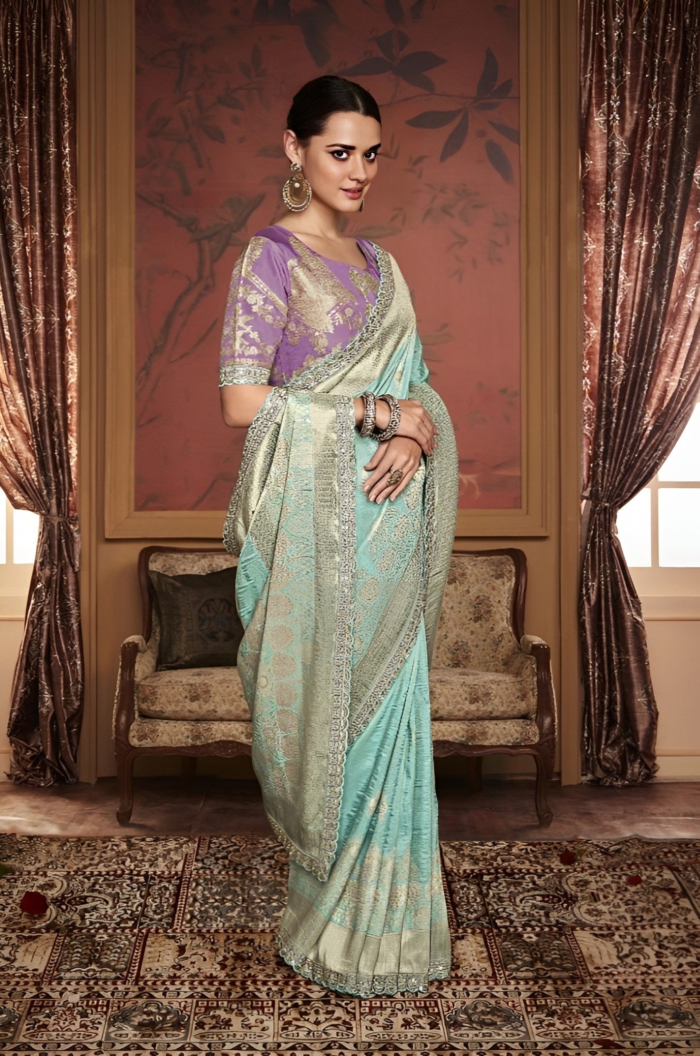 EKKTARA Saree For Women Turquoise Colour Dola Silk Saree With Embroidery Work Unstitched Blouse