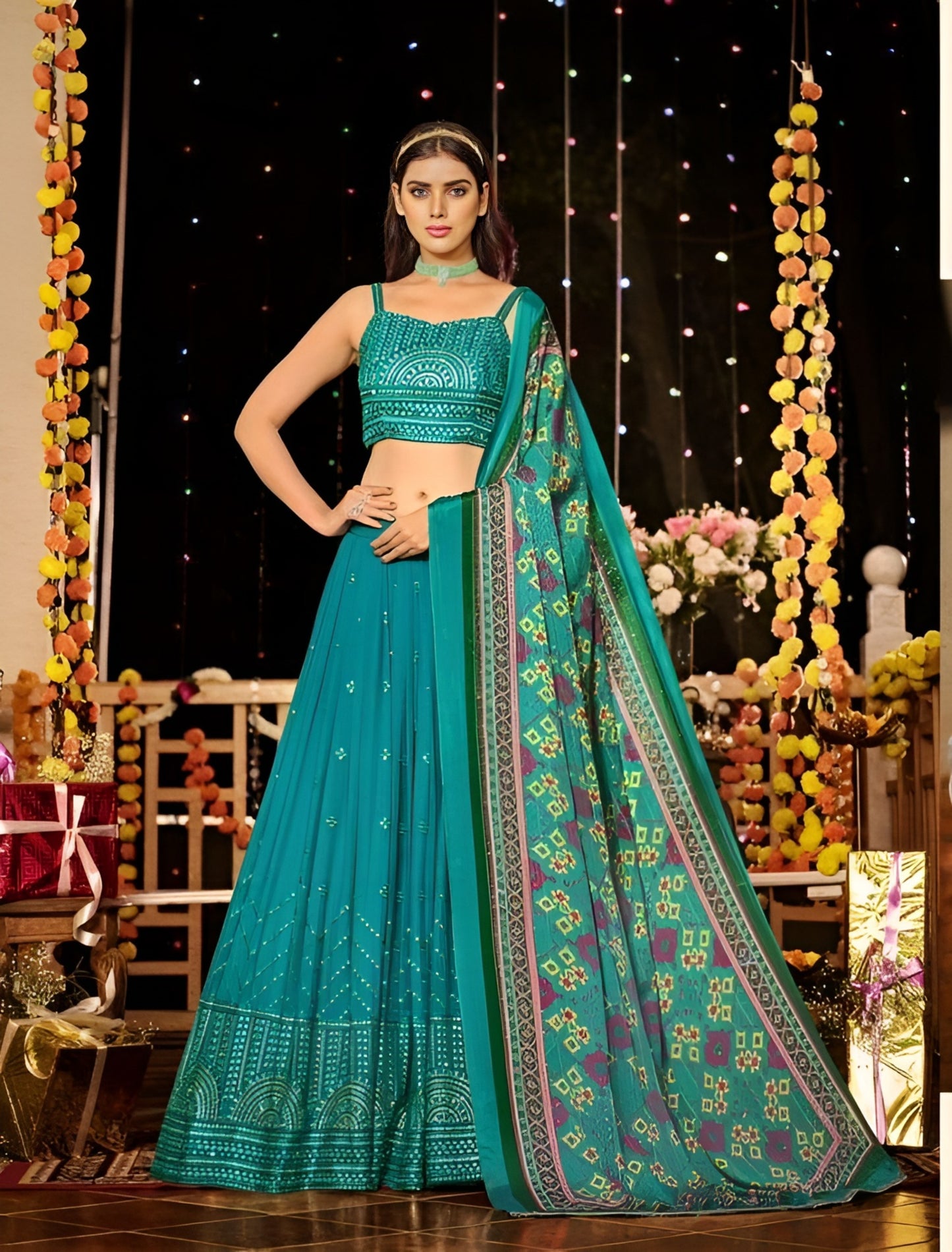 EKKTARA Semi Stitched Designer Turquoise Colour Sequins Work Lehenga Choli Set