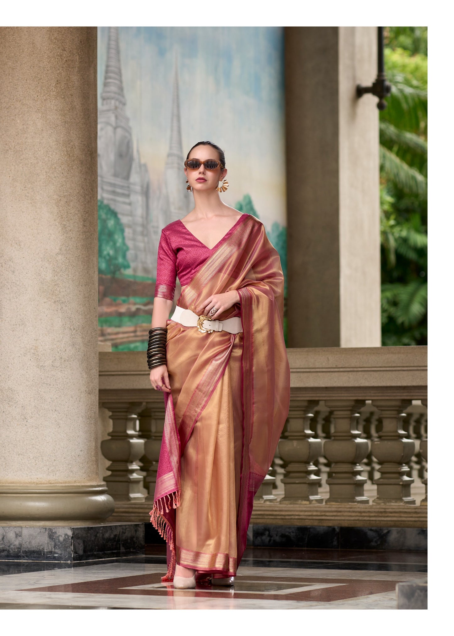 EKKTARA Saree For Women Copper Brown Colour Pure Tissue Saree With Designer Pallu And Unstitched Blouse