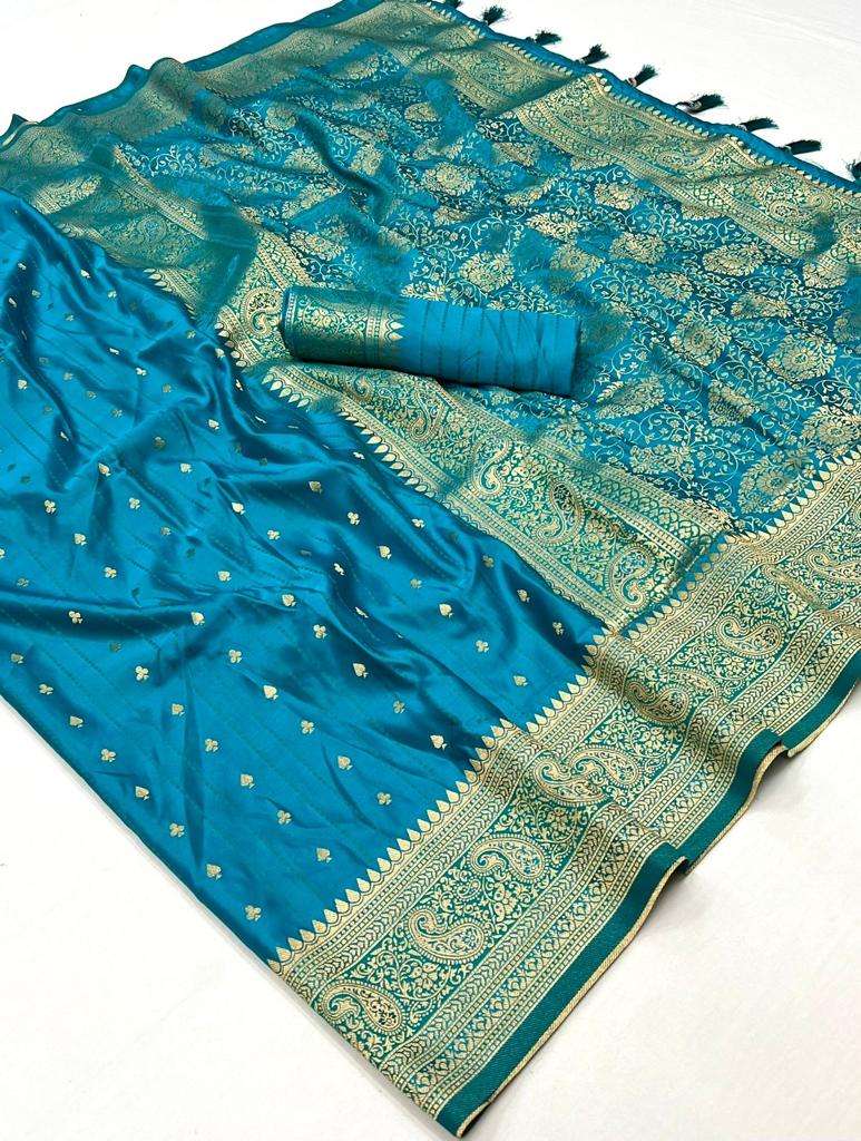 EKKTARA Saree For Women Stone Blue Colour Handloom Weaving Silk Saree With Unstitched Blouse