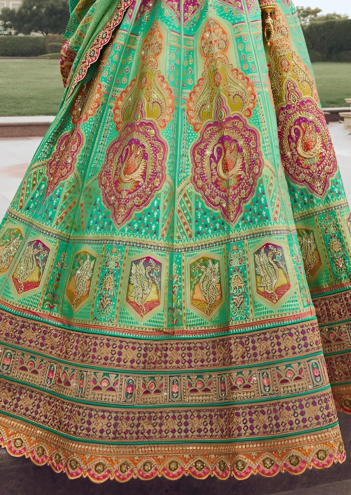 EKKTARA Semi Stitched Designer Green Multicolour Colour Lehenga Choli Set