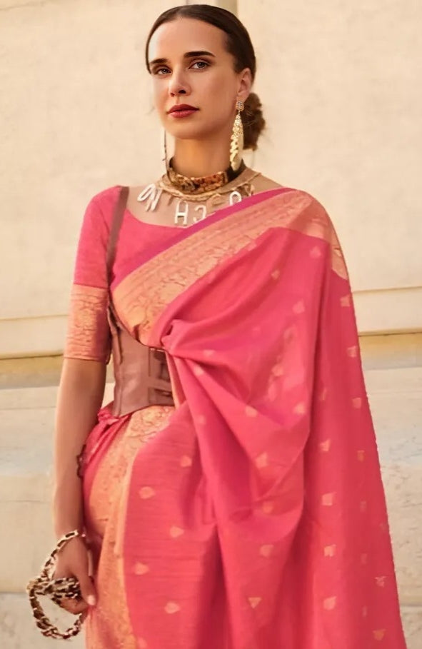 EKKTARA Saree For Women Peach Colour Handloom Weaving Silk Saree With Unstitched Blouse