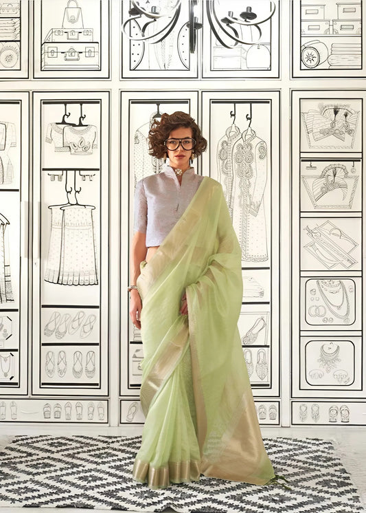 EKKTARA Saree For Women Tea Green Colour Moss Chiffon Handloom Weaving Saree With Unstitched Blouse