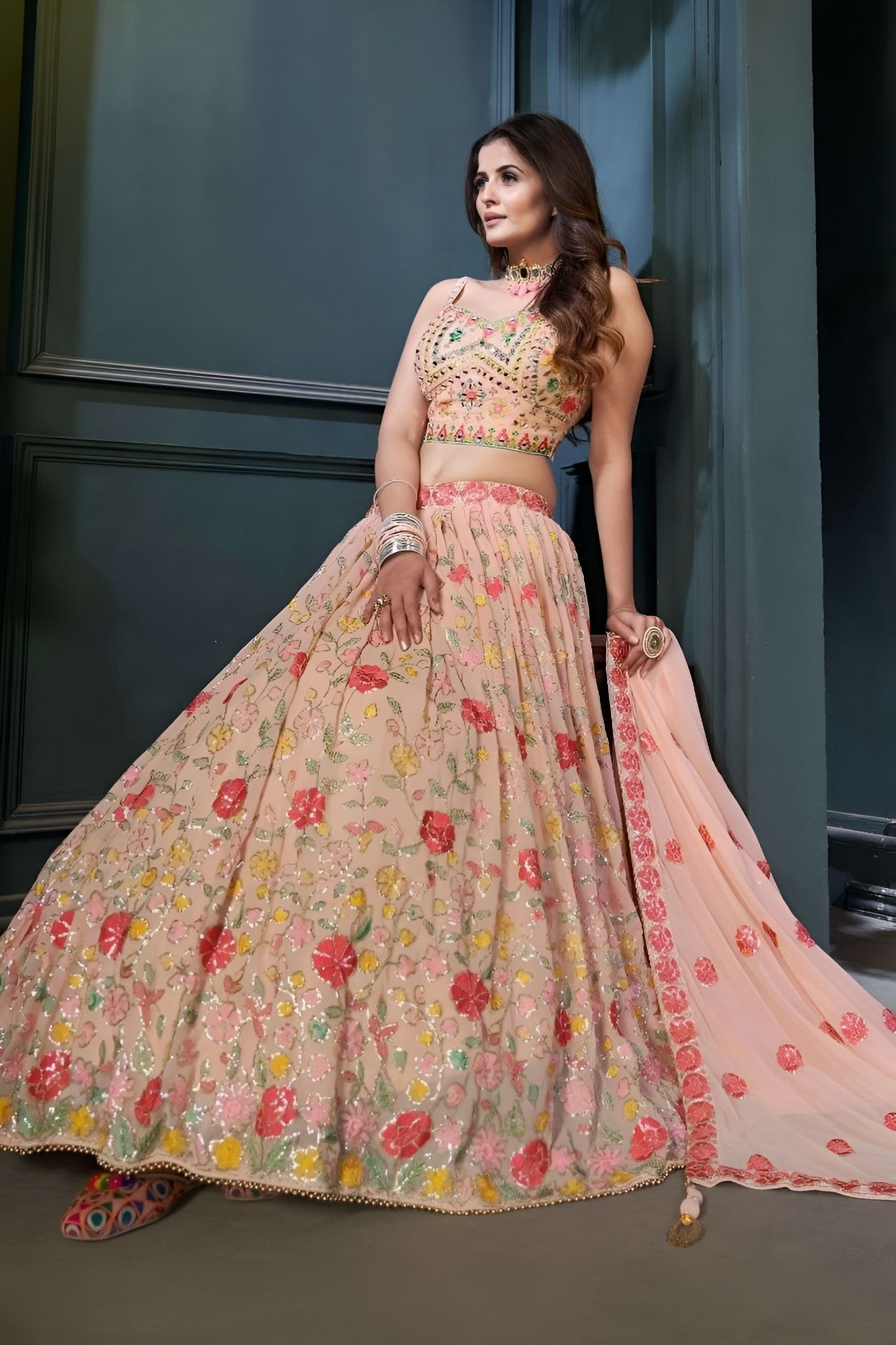 EKKTARA Stitched Beige Colour Lehenga Choli Set