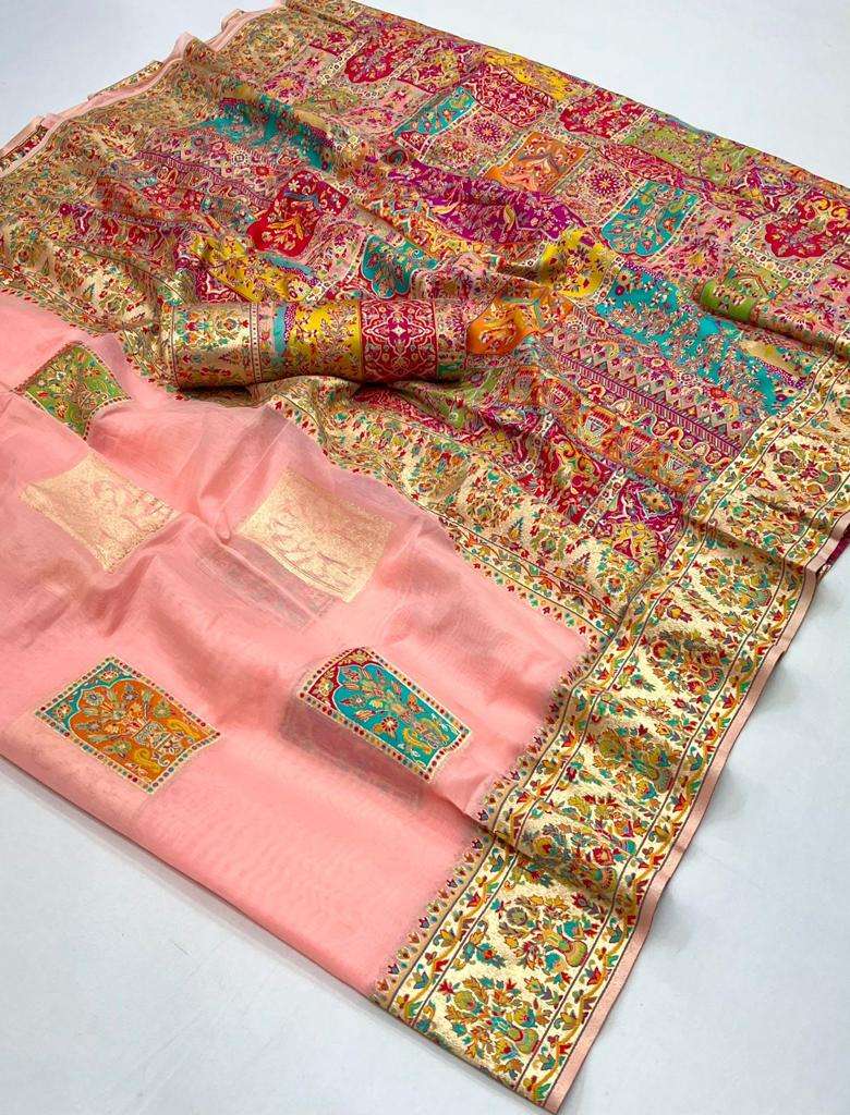 EKKTARA Saree For Women Peach Colour Kashmiri Silk Handloom Weaving Saree With Unstitched Blouse