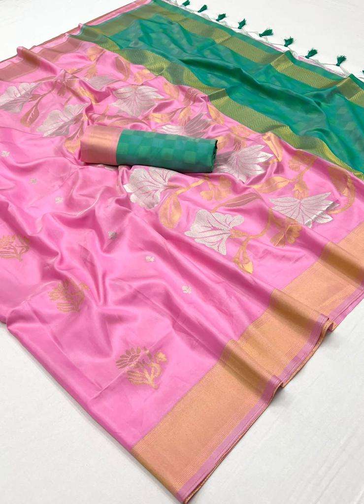 EKKTARA Saree For Women Pink Colour Silk Handloom Weaving Saree With Unstitched Blouse