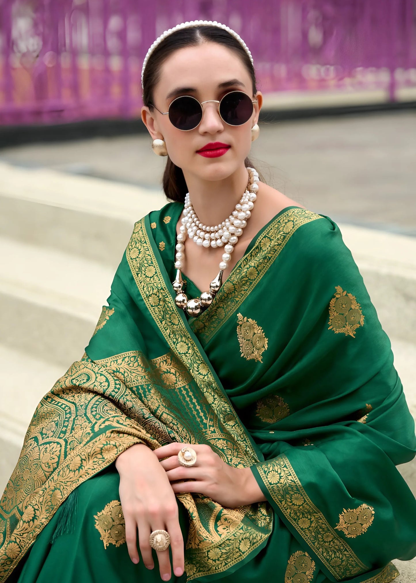 EKKTARA Saree For Women Green Colour Pure Satin Handwoven Zari Weaving Saree With Unstitched Blouse