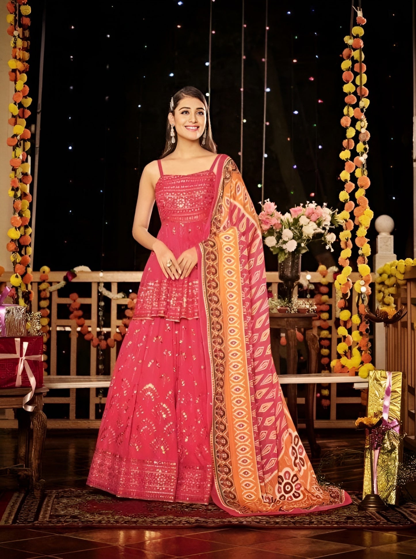 EKKTARA Semi Stitched Designer Pink Colour Sequins Work Lehenga Choli Set