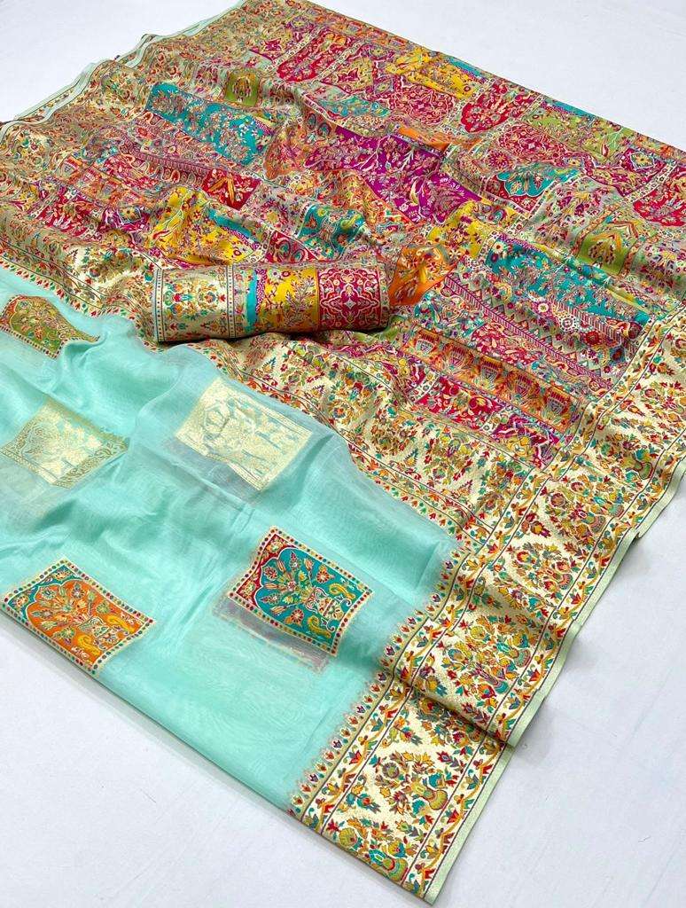 EKKTARA Saree For Women Turquoise Colour Kashmiri Silk Handloom Weaving Saree With Unstitched Blouse