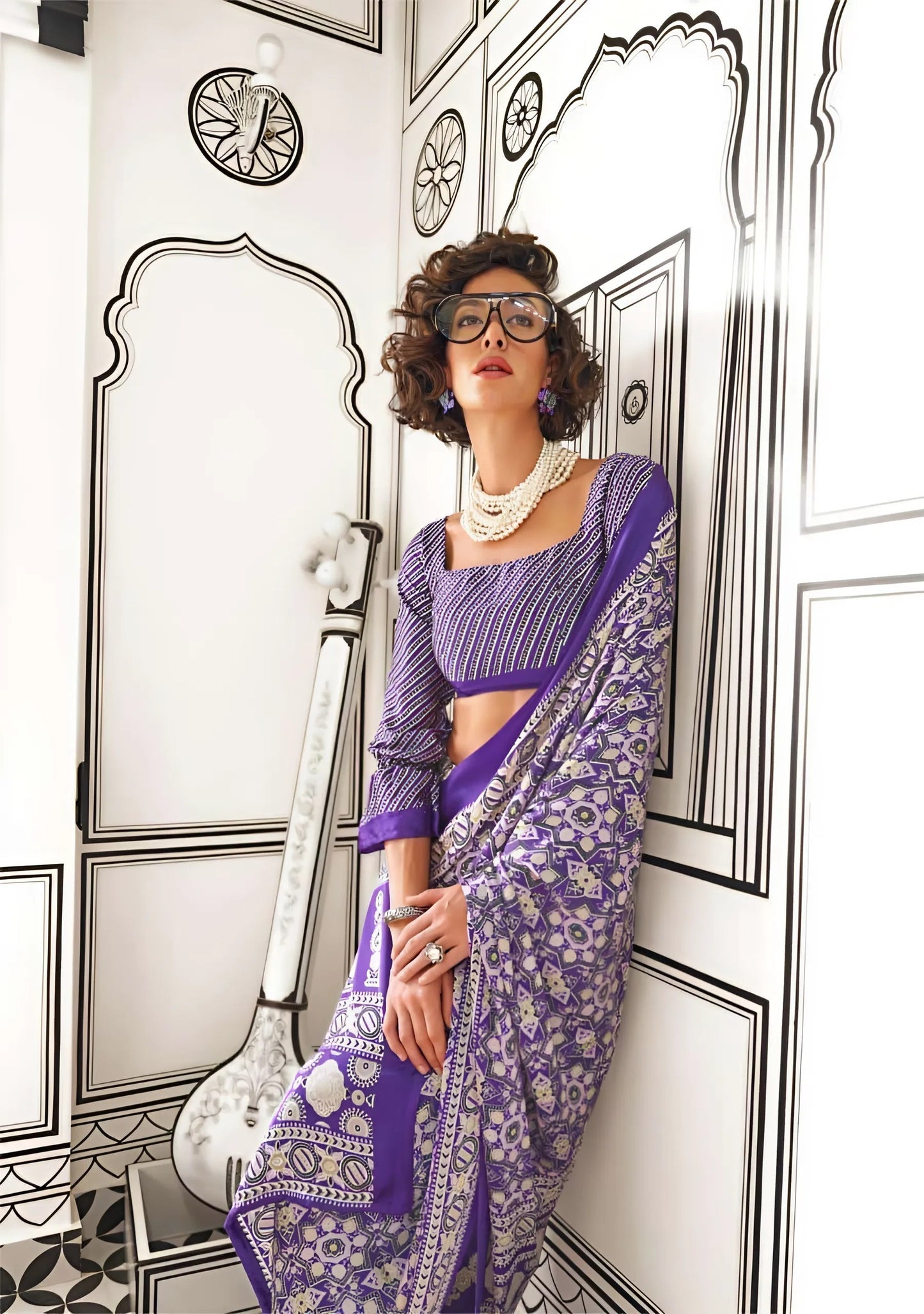 EKKTARA Saree For Women Purple Printed Colour Satin Modern Crepe Saree With Unstitched Blouse