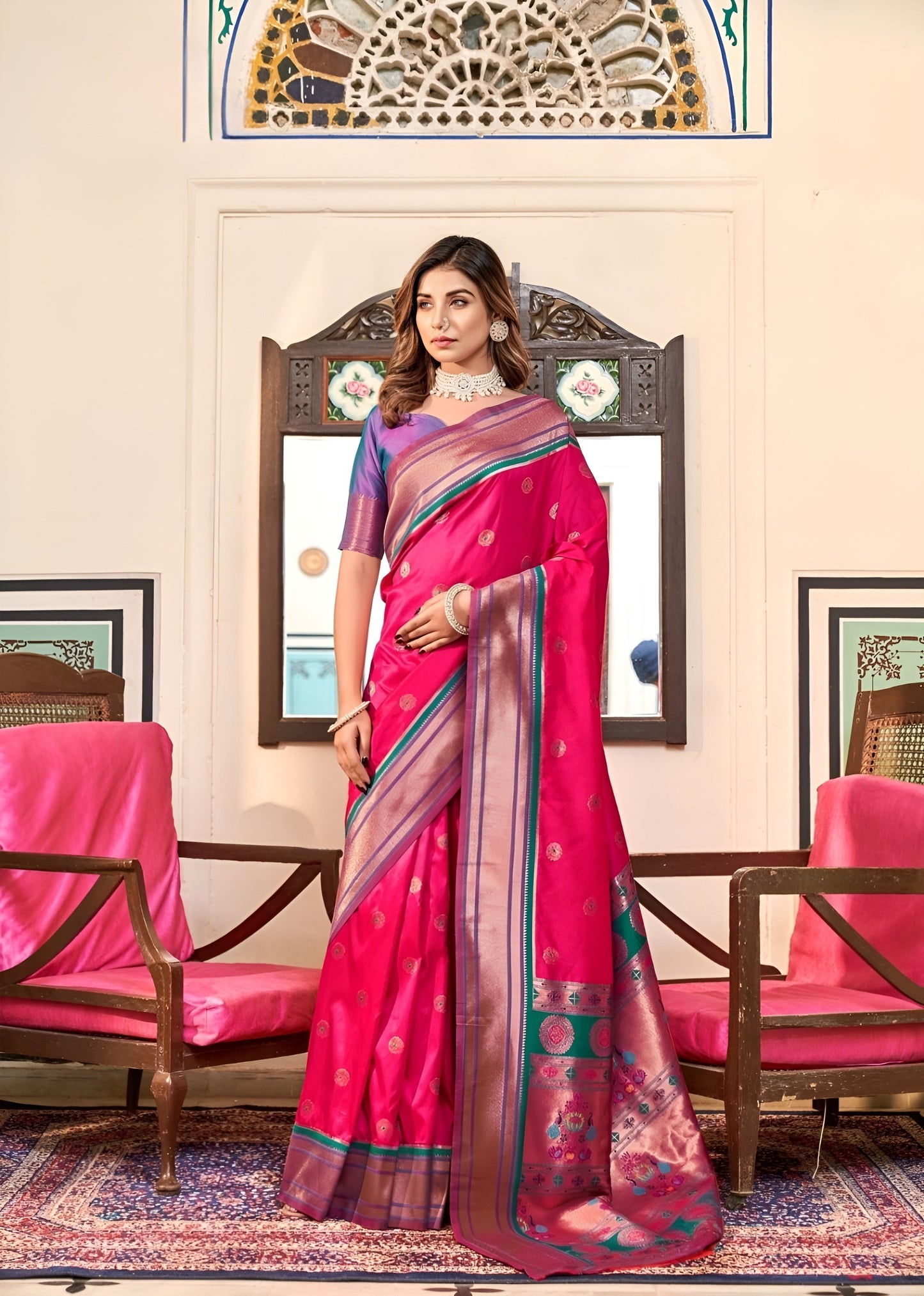 EKKTARA Saree For Women Pink Colour Peshwai Paithani Silk Saree With Unstitched Blouse