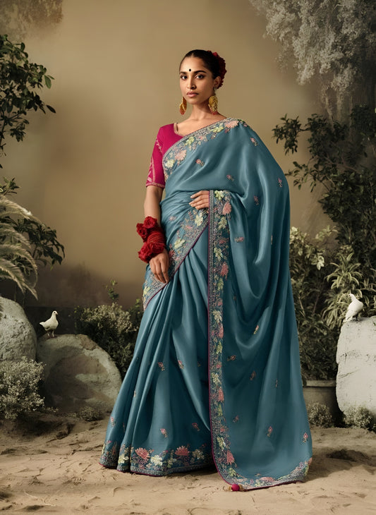 EKKTARA Saree For Women Teal Blue Colour Dola Silk Saree With Designer Unstitched Blouse