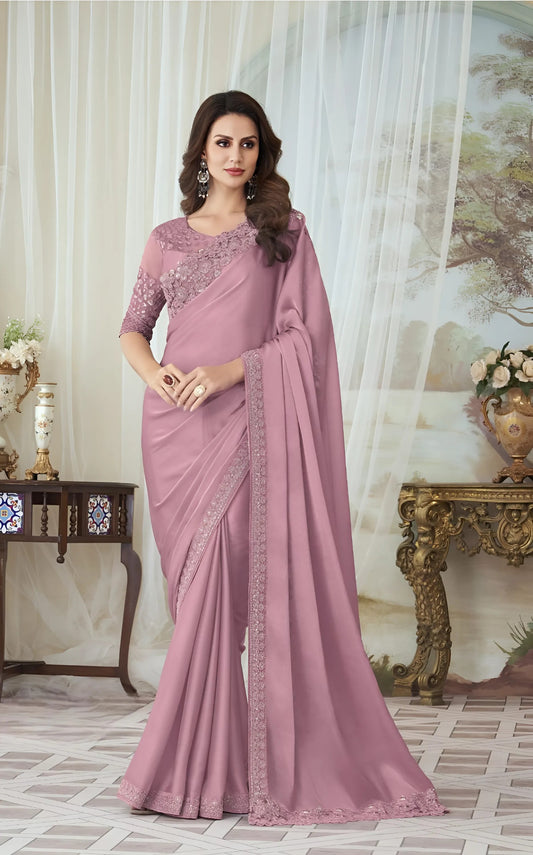 EKKTARA Saree For Women Rose Gold Colour Designer Party Wear Saree With Unstitched Blouse