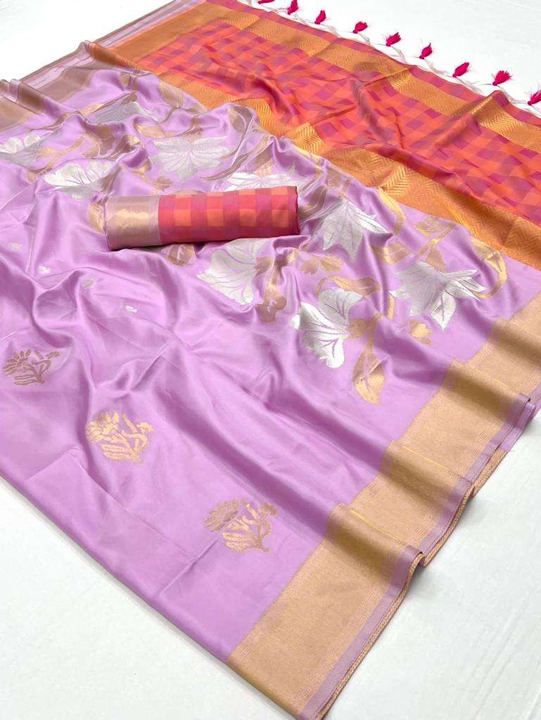 EKKTARA Saree For Women Lavender Colour Silk Handloom Weaving Saree With Unstitched Blouse