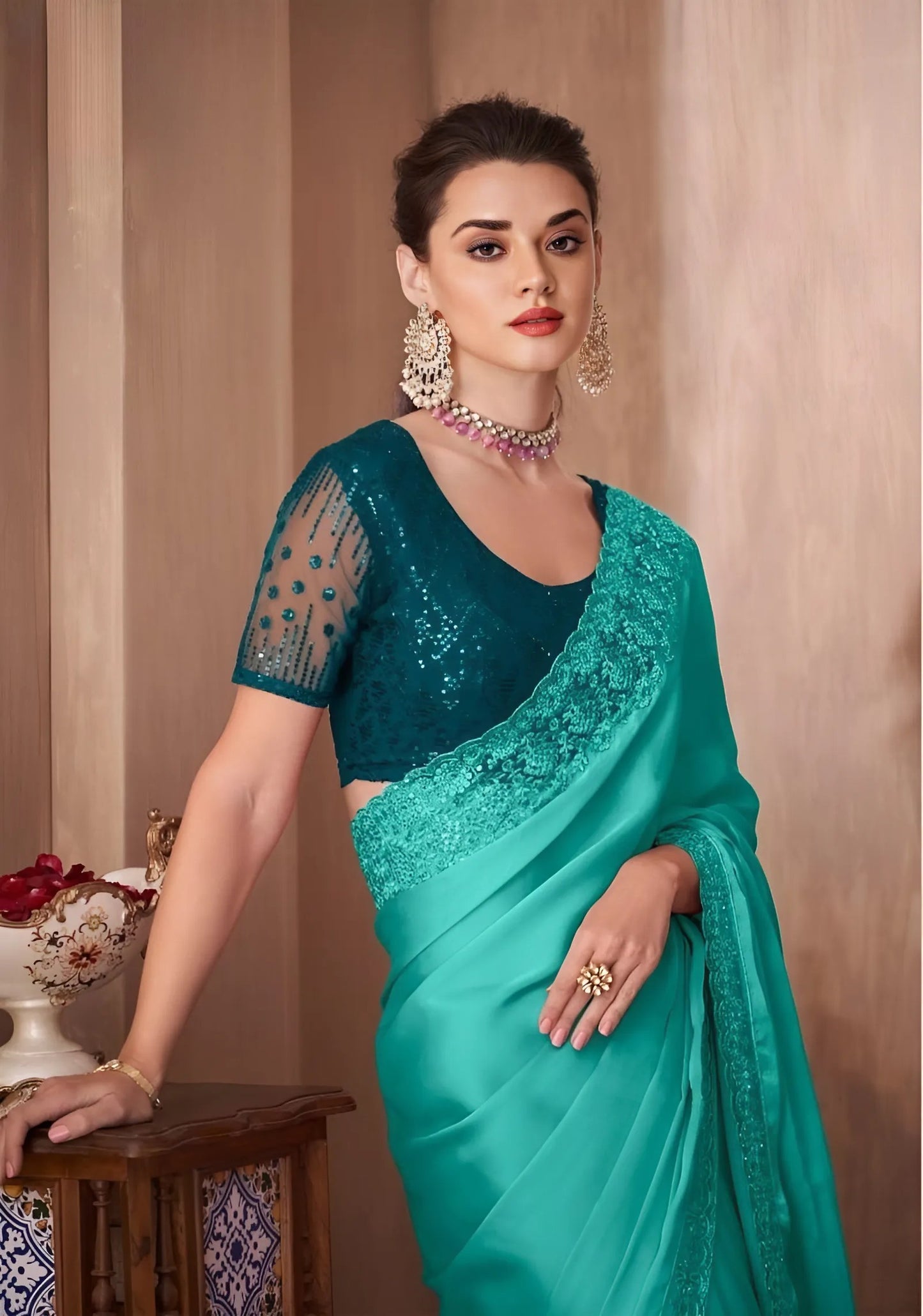 EKKTARA Saree For Women Aqua Green Colour Designer Party Wear Saree With Unstitched Blouse