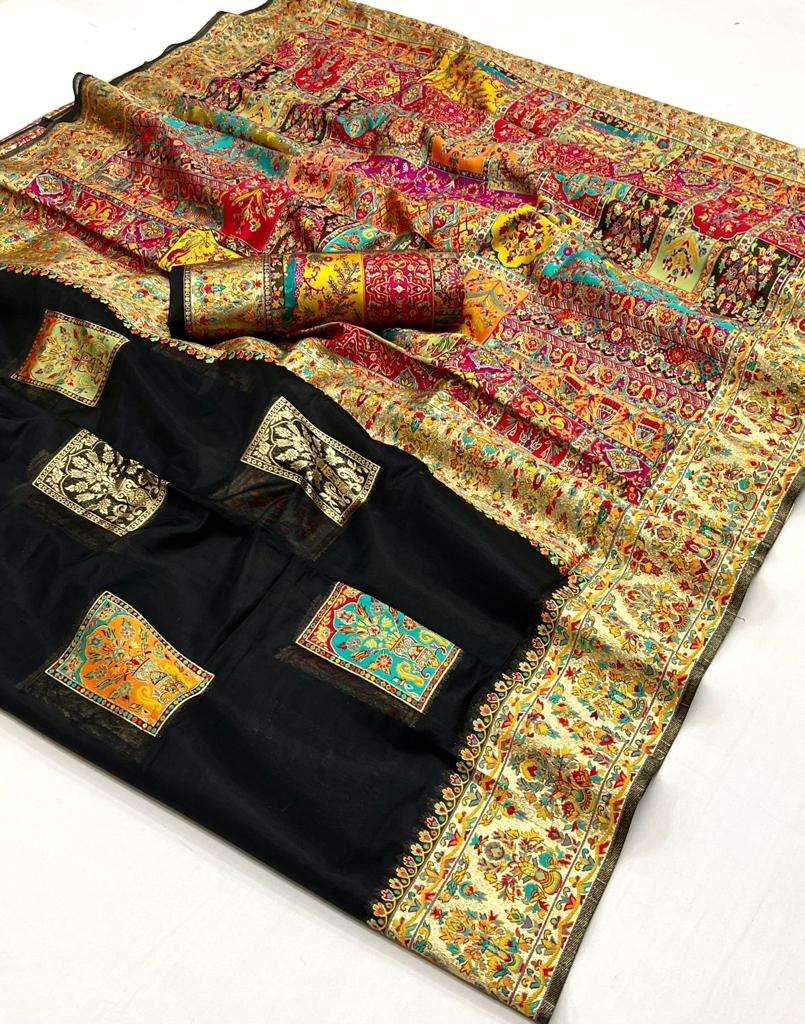 EKKTARA Saree For Women Black Colour Kashmiri Silk Handloom Weaving Saree With Unstitched Blouse