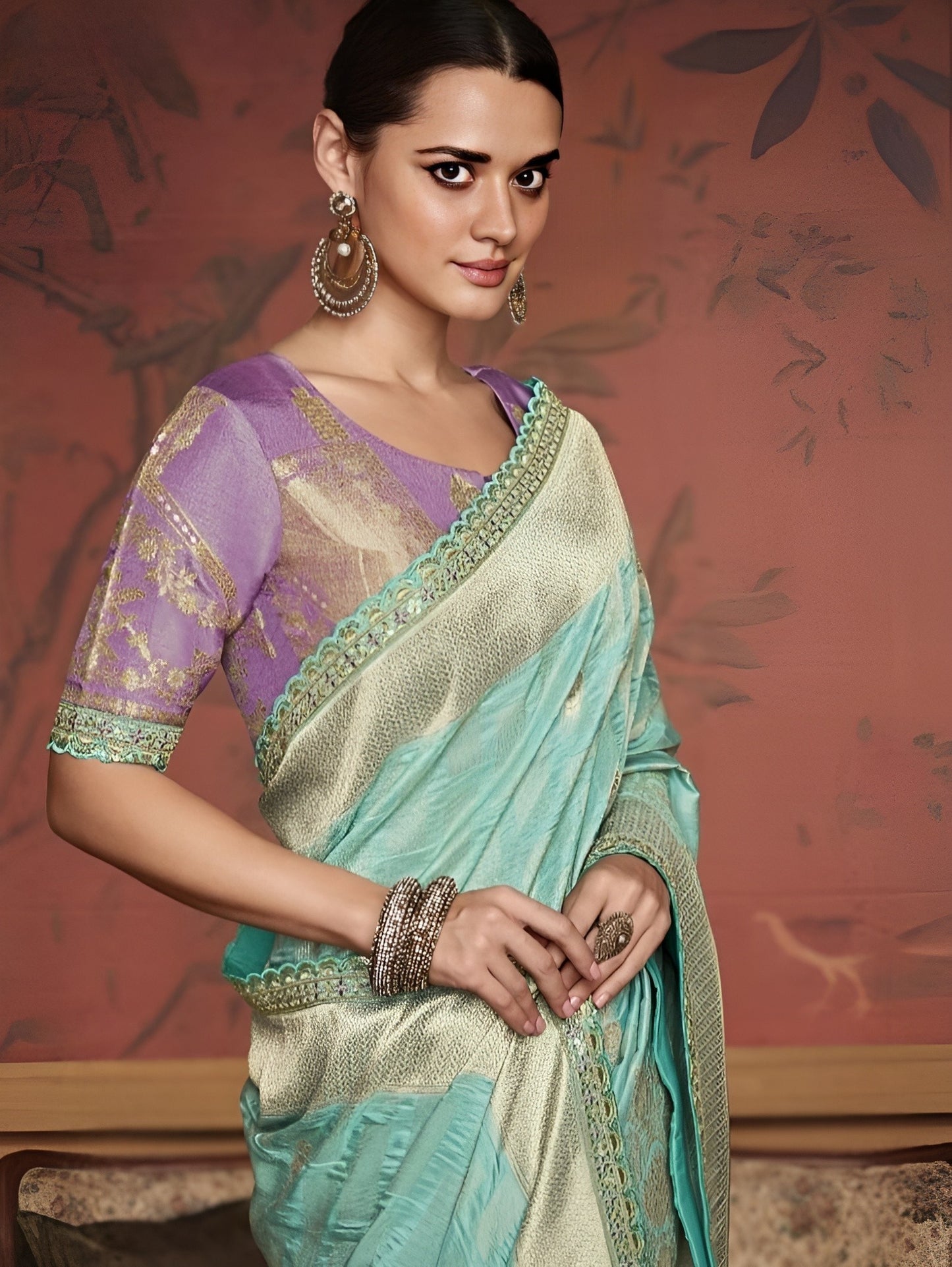 EKKTARA Saree For Women Turquoise Colour Dola Silk Saree With Embroidery Work Unstitched Blouse