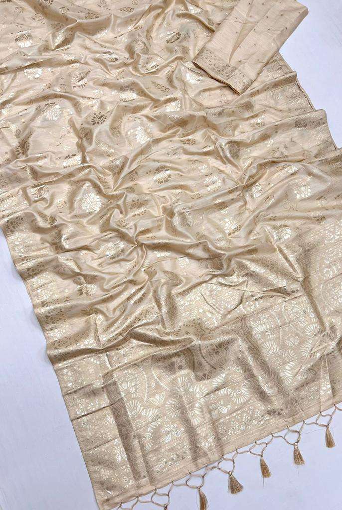 EKKTARA Saree For Women Cream Golden Colour Silk Handloom Weaving Saree With Unstitched Blouse