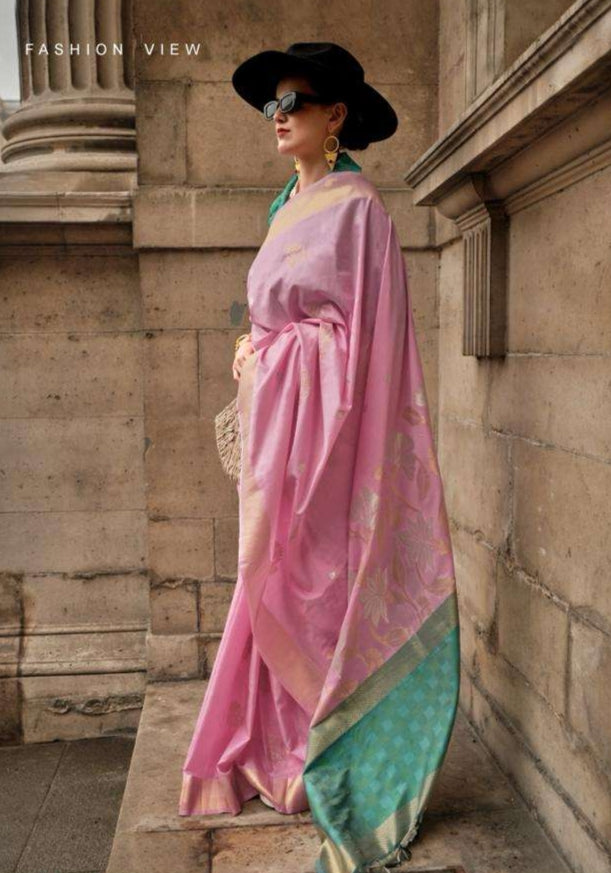 EKKTARA Saree For Women Pink Colour Silk Handloom Weaving Saree With Unstitched Blouse