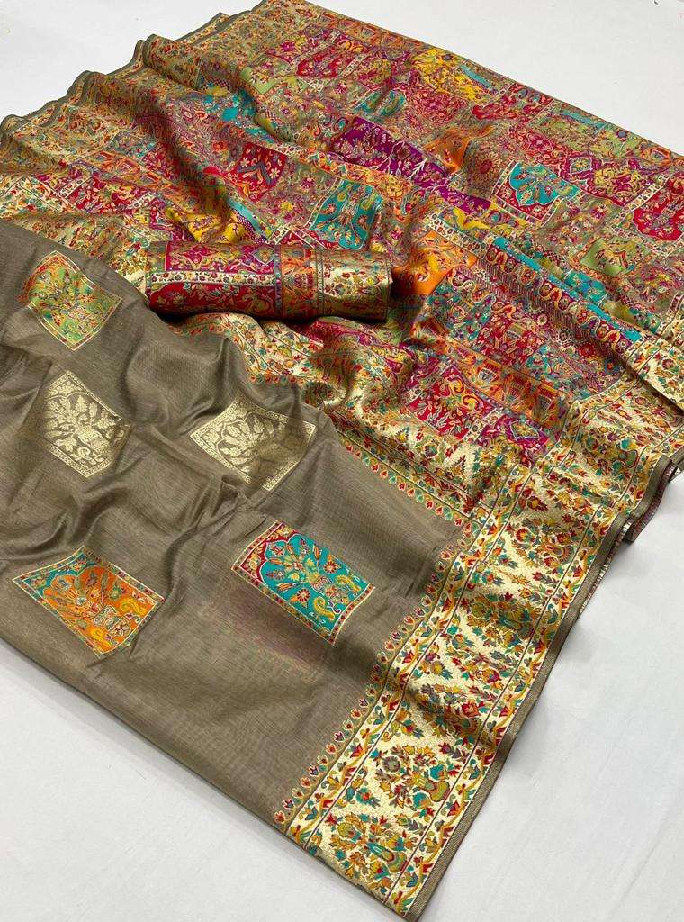 EKKTARA Saree For Women Tortilla Brown Colour Kashmiri Silk Handloom Weaving Saree With Unstitched Blouse