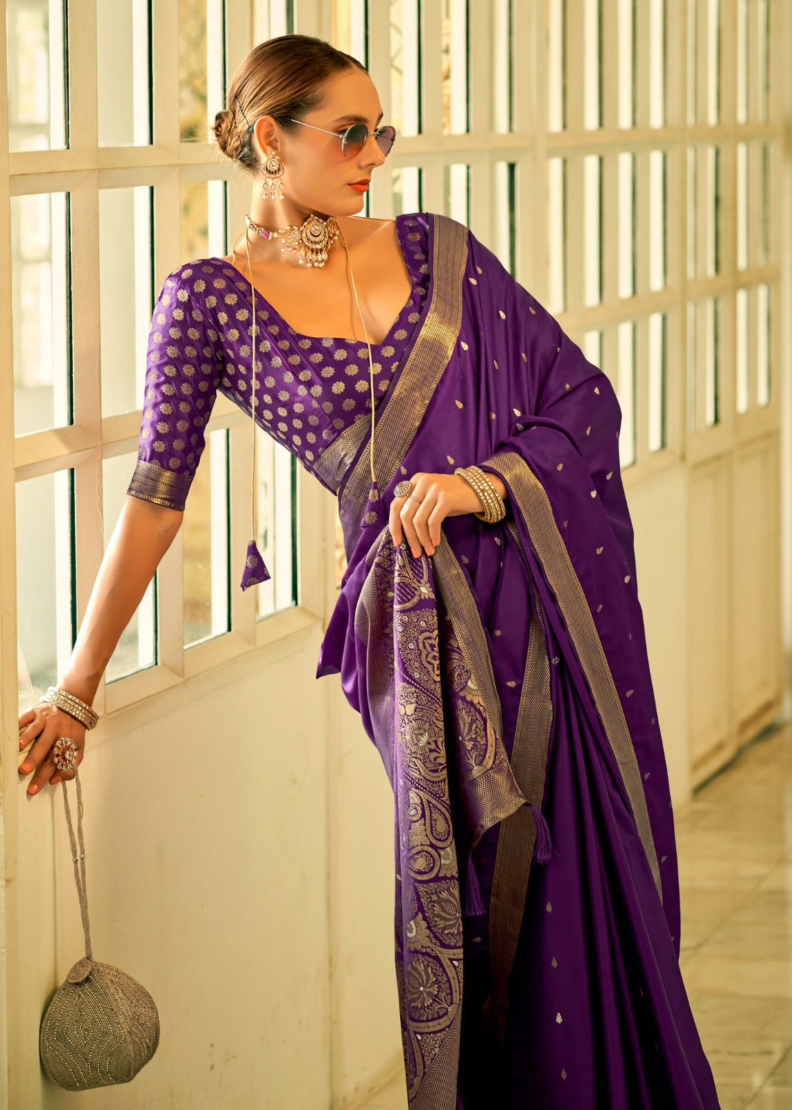 EKKTARA Saree For Women Purple Colour Pure Satin Handwoven Saree With Zari Weaving And Unstitched Blouse