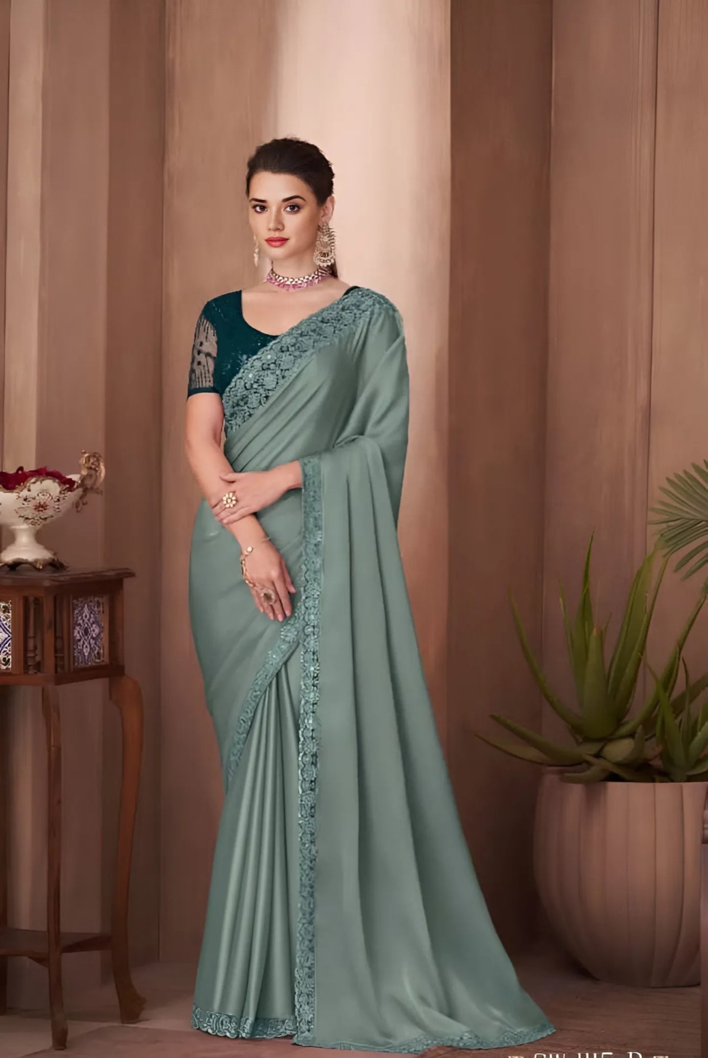 EKKTARA Saree For Women Sage Green Colour Designer Party Wear Saree With Unstitched Blouse