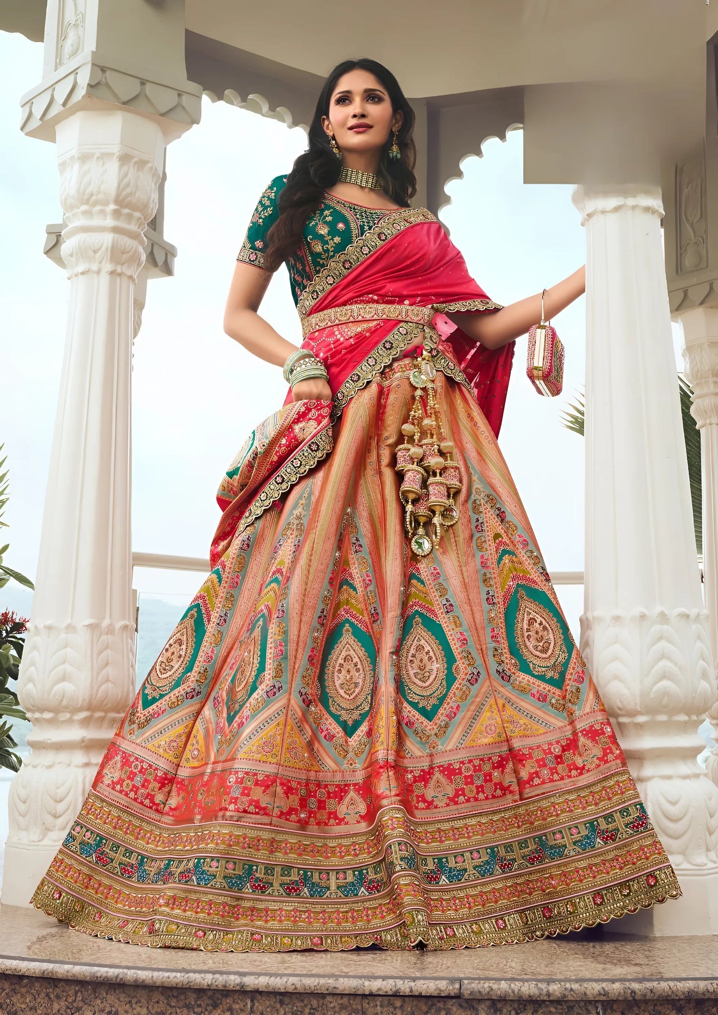 EKKTARA Semi Stitched Designer Pink Multicolour Colour Lehenga Choli Set