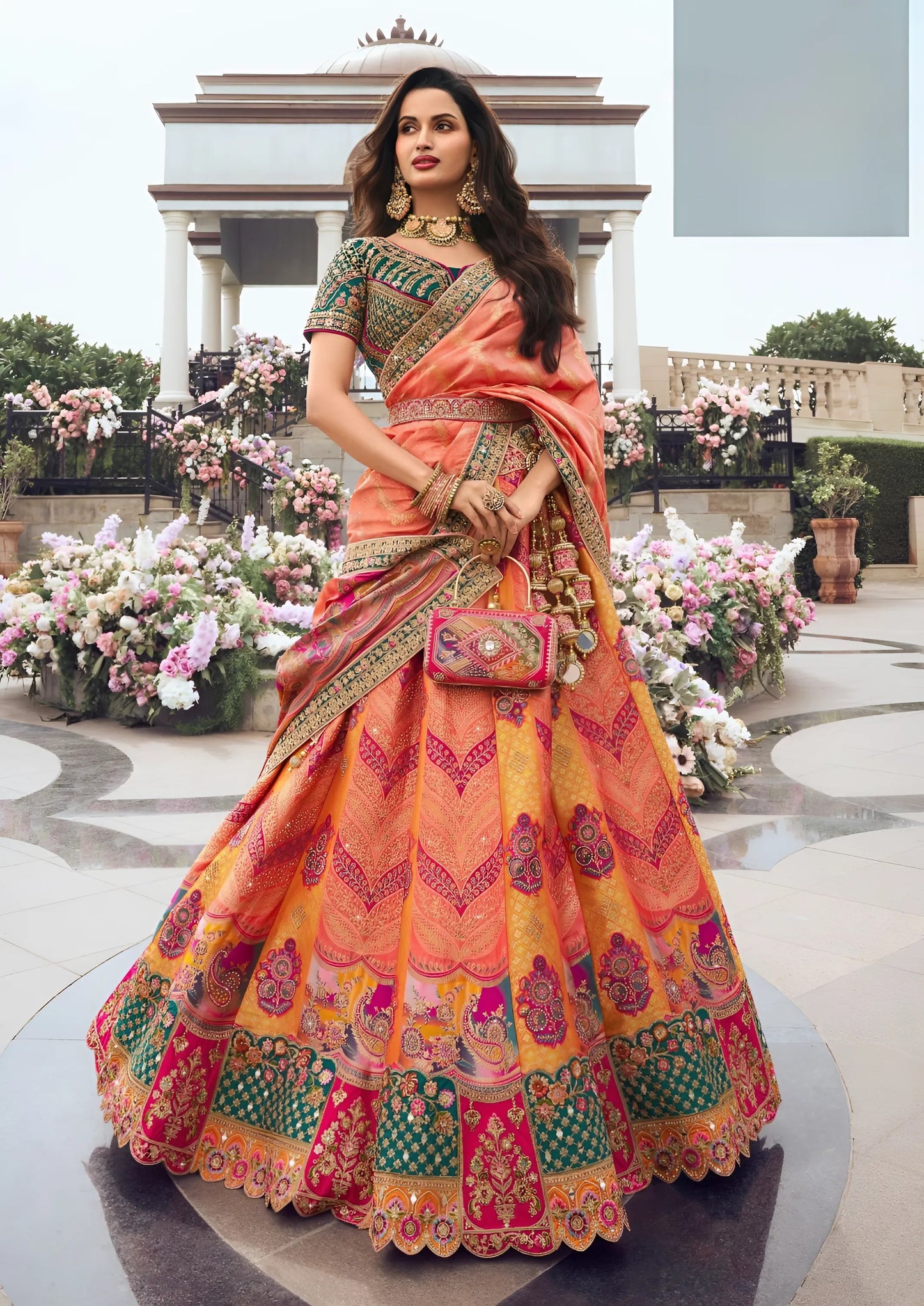 EKKTARA Semi Stitched Designer Peach Multicolour Colour Lehenga Choli Set