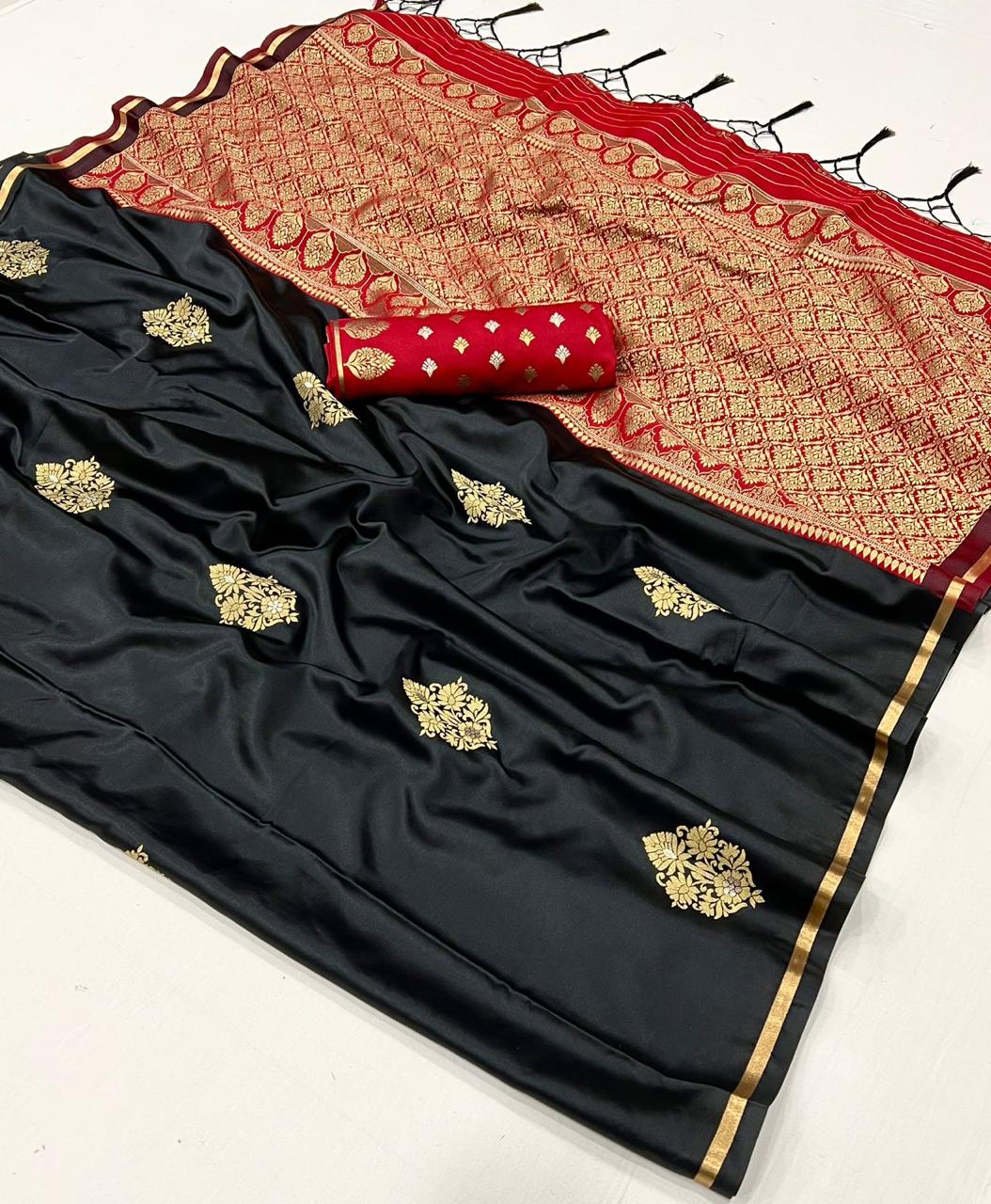 EKKTARA Saree For Women Black Colour Pure Satin Silk Handloom Weaving Saree With Unstitched Blouse