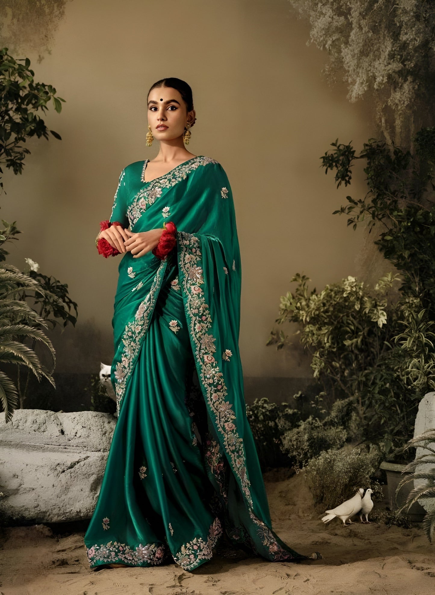 EKKTARA Saree For Women Green Colour Dola Silk Saree With Designer Unstitched Blouse