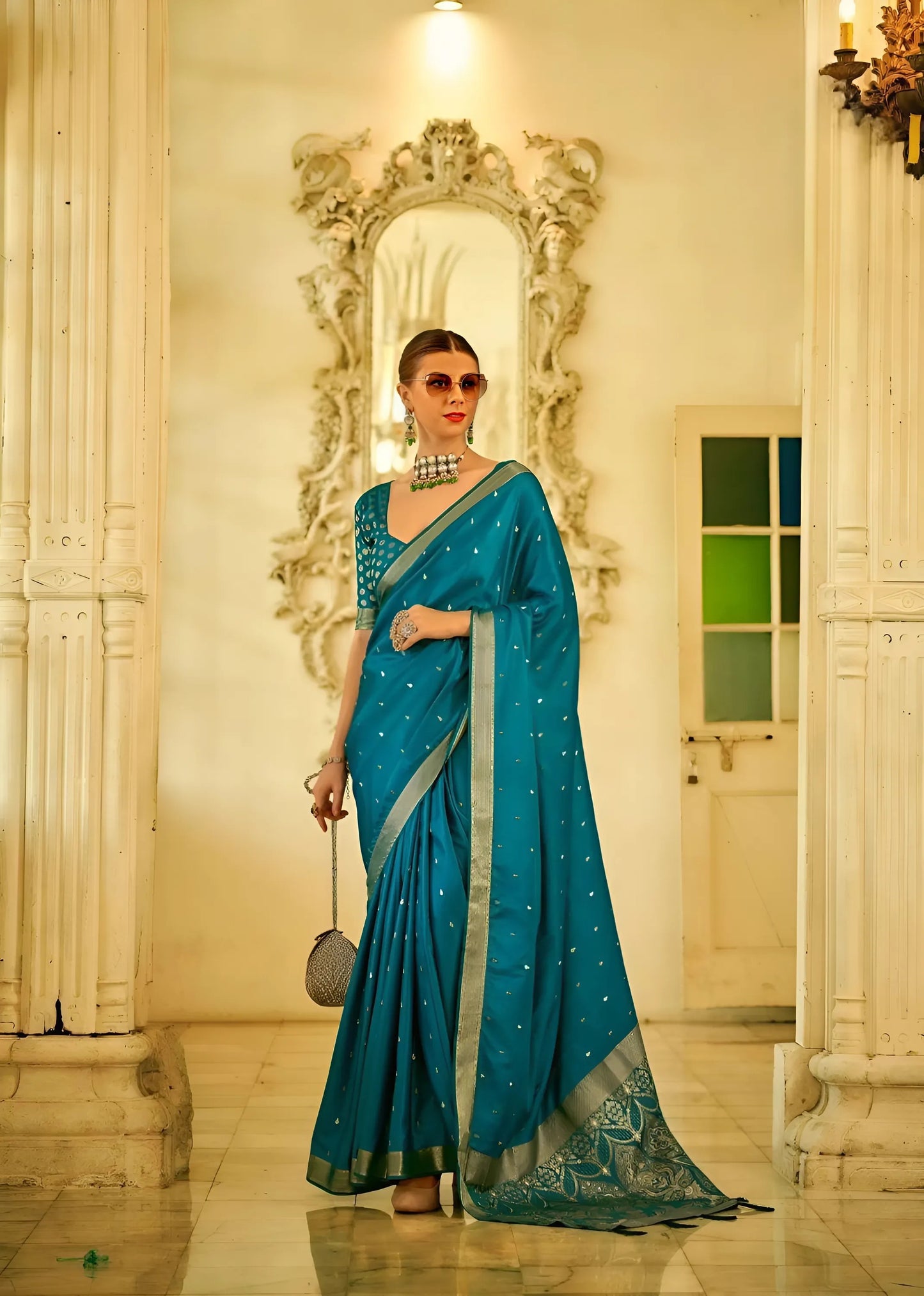 EKKTARA Saree For Women Teal Blue Colour Pure Satin Handwoven Saree With Zari Weaving And Unstitched Blouse