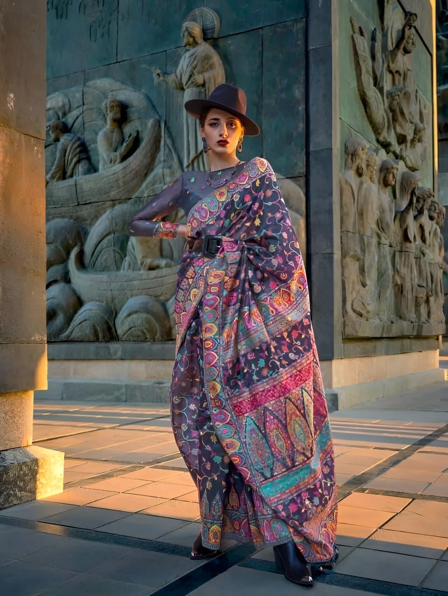 EKKTARA Saree For Women Navy Blue Colour Kashmiri Handloom Weaving Organza Saree With Unstitched Blouse