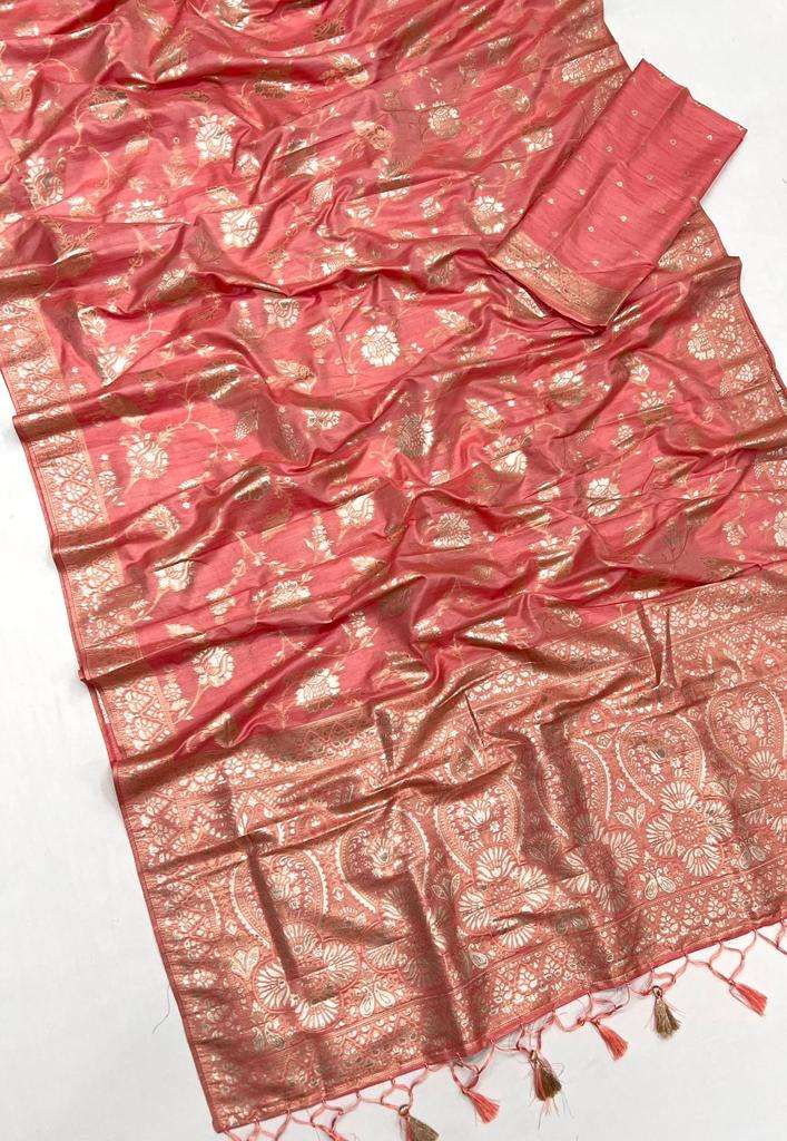 EKKTARA Saree For Women Peach Colour Silk Handloom Weaving Saree With Unstitched Blouse