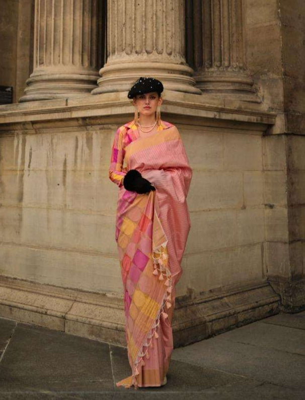 EKKTARA Saree For Women Peach Colour Silk Handloom Weaving Saree With Unstitched Blouse