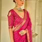 EKKTARA Saree For Women Pink Colour Pure Satin Handwoven Saree With Zari Weaving And Unstitched Blouse